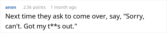 Woman walks in on SIL sunbathing topless, confronting her about exposing herself to husband and son at home.