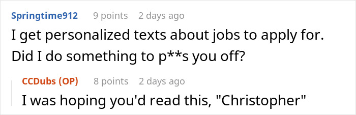Screenshot of a Reddit conversation about job applications and personalized job texts between users Springtime912 and CCDubs.