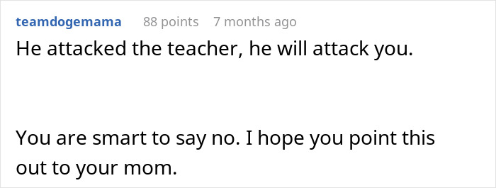 Comment from user teamdogemama advising to say no and to inform the mother about babysitter refusing one specific child.