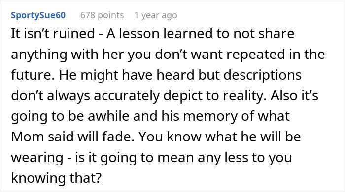 Comment discussing how loud MIL&rsquo;s comments ruined the magic of a woman&rsquo;s wedding dress surprise and her devastation.