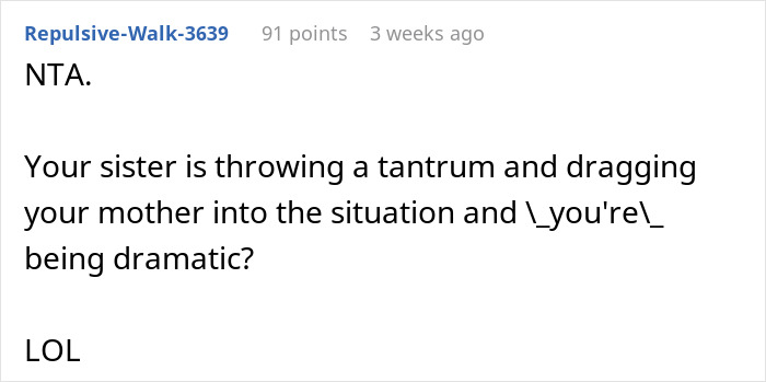 Reddit comment criticizing sister&rsquo;s wedding dress drama, calling out tantrum and family involvement as overly dramatic.