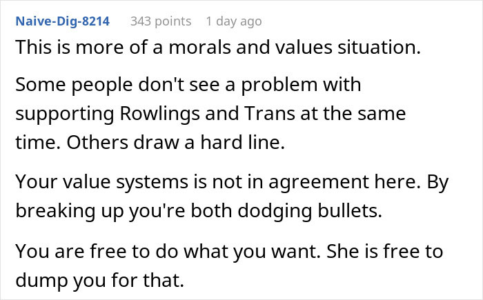 Screenshot of a forum comment discussing support for transphobia and Rowling connected to the Harry Potter Wizarding World.
