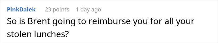 Comment discussing reimbursement for stolen spicy lunch, related to coworker stealing and poisoning accusations. Comment discussing reimbursement for stolen spicy lunch, related to coworker stealing and poisoning accusations.