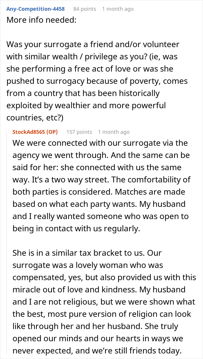Reddit discussion on surrogacy, addressing privilege, exploitation, and personal experiences with ethical surrogacy arrangements.