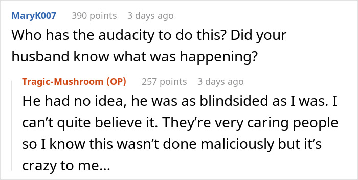 Screenshot of an online conversation about a woman&rsquo;s garden being landscaped by her mother-in-law without permission.