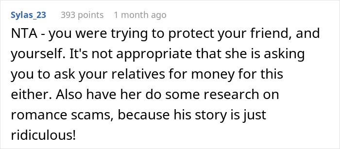 User comment warning coworker about romance scams, expressing concern and urging research to avoid financial loss. User comment warning coworker about romance scams, expressing concern and urging research to avoid financial loss.
