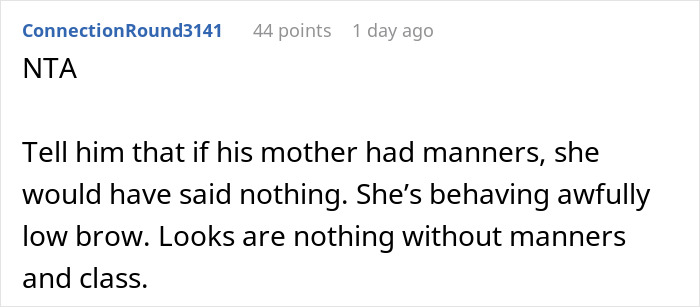 Screenshot of a text comment discussing manners and behavior related to a woman refusing to cut her hair for boyfriend&rsquo;s mom's party.