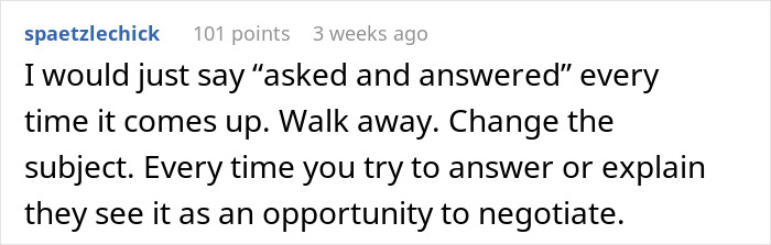 Comment suggesting to say asked and answered, walk away, and change the subject to avoid wedding dress sisters drama.