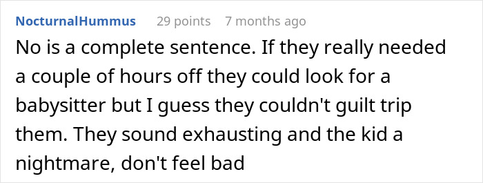 Screenshot of a Reddit comment discussing a babysitter refusing to watch a difficult child and the resulting accusation of discrimination.