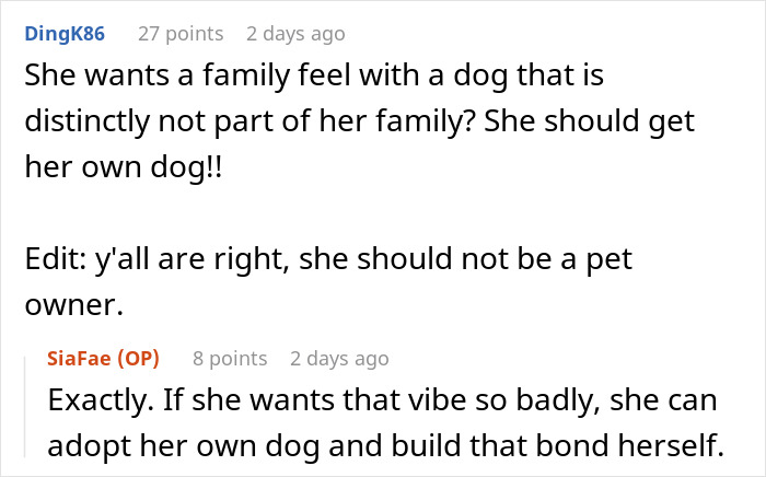 Screenshot of a Reddit conversation discussing refusing to lend a dog for an aesthetic maternity shoot debate. Screenshot of a Reddit conversation discussing refusing to lend a dog for an aesthetic maternity shoot debate.