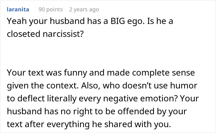 Comment discussing a man upset after asking for divorce and his wife using humor to cope with the situation. Comment discussing a man upset after asking for divorce and his wife using humor to cope with the situation.