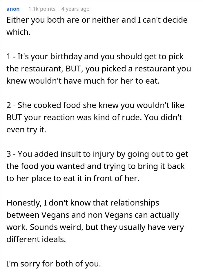 Comment discussing refusing to eat a vegan meal on girlfriend's birthday and challenges in vegan and non-vegan relationships. Comment discussing refusing to eat a vegan meal on girlfriend's birthday and challenges in vegan and non-vegan relationships.
