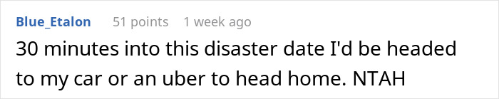 Screenshot of online comment about a woman telling a guy there’s no spark after first date and meal payment conflict. Screenshot of online comment about a woman telling a guy there’s no spark after first date and meal payment conflict.