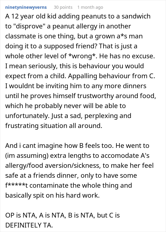 Text post discussing a friend slipping bone broth into soup, causing an allergic reaction in a meat-allergic woman.