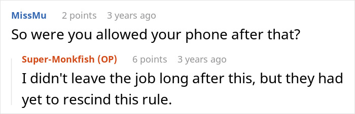 Employee complies with company rules in a chat discussion while the boss faces consequences for strict enforcement. Employee complies with company rules in a chat discussion while the boss faces consequences for strict enforcement.
