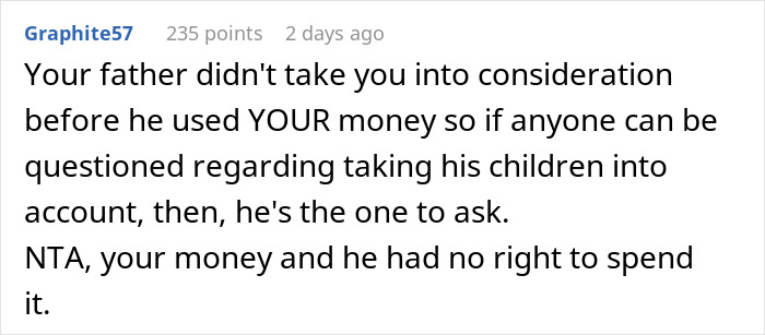 Screenshot of a Reddit comment discussing a woman taking her dad to court over a stolen $100K inheritance dispute.