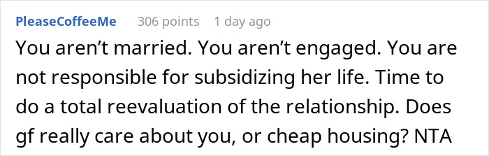 Screenshot of a Reddit comment discussing relationship boundaries and fairness in splitting housing costs equally. Screenshot of a Reddit comment discussing relationship boundaries and fairness in splitting housing costs equally.