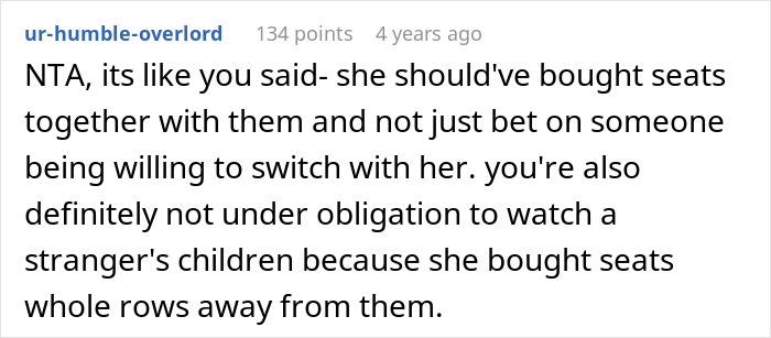 Reddit comment discussing not switching seats with a mother on an airplane and ignoring her children.