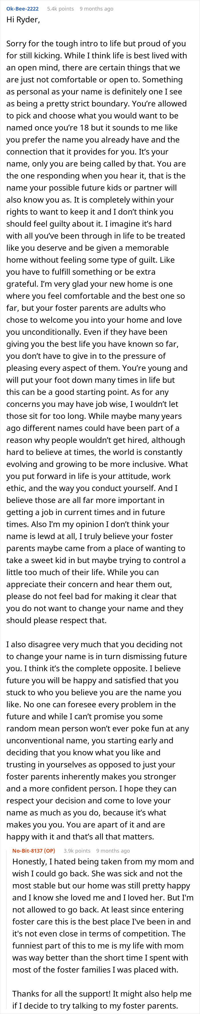 Message exchange discussing foster name change parents, focusing on personal identity, respect, and navigating foster care challenges.
