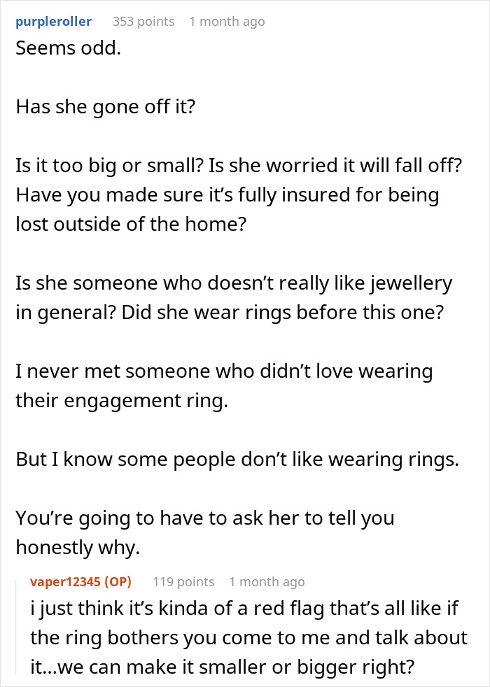 Text conversation discussing a woman refusing to wear her engagement ring and concerns from her worried fiancé. Text conversation discussing a woman refusing to wear her engagement ring and concerns from her worried fiancé.