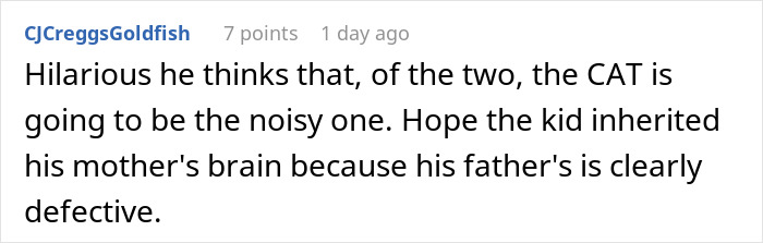 Comment discussing a friend claiming the cat's name over a newborn, highlighting humor and family dynamics. Comment discussing a friend claiming the cat's name over a newborn, highlighting humor and family dynamics.