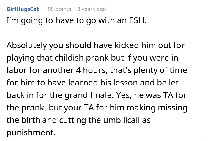 Screenshot of a Reddit comment discussing a man furious after wife removes him from delivery room over inappropriate prank.