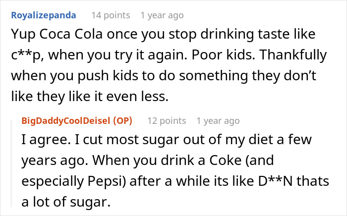 Comments discussing how boomer relatives undermine kids' healthy habits by giving candies and soda, causing frustration.