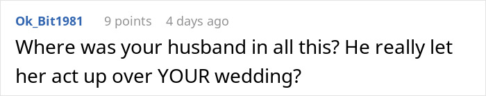 Text comment on a discussion thread about a self-appointed bridesmaid acting out after being removed from the bridal party. Text comment on a discussion thread about a self-appointed bridesmaid acting out after being removed from the bridal party.
