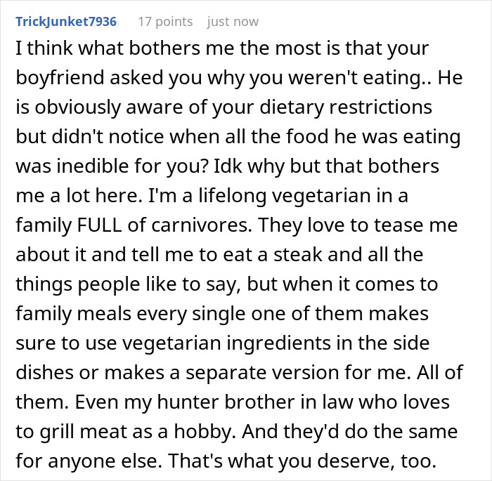 Comment text about boyfriend&rsquo;s family putting bacon in everything despite dietary restrictions from a Jewish perspective.