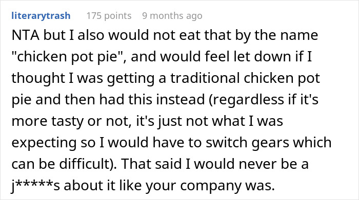 Screenshot of a forum comment discussing a brother-in-law walking out over a host&rsquo;s unique chicken pot pie twist.