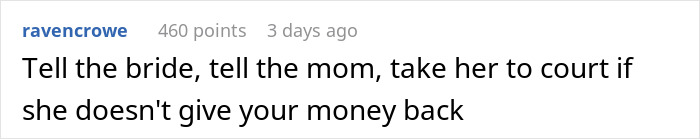 Comment suggesting legal action against MOH for overcharging and pocketing bachelorette party money in a text conversation.