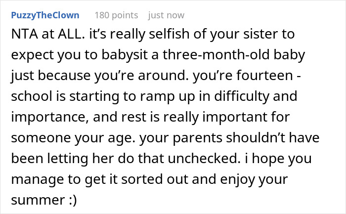 Screenshot of a Reddit comment discussing a 14-year-old becoming paranoid and sleep-deprived from daily babysitting duties.