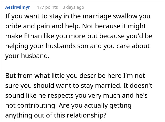Comment discussing how to respond to husband's request for stepson's surgery payment in a marriage context. Comment discussing how to respond to husband's request for stepson's surgery payment in a marriage context.