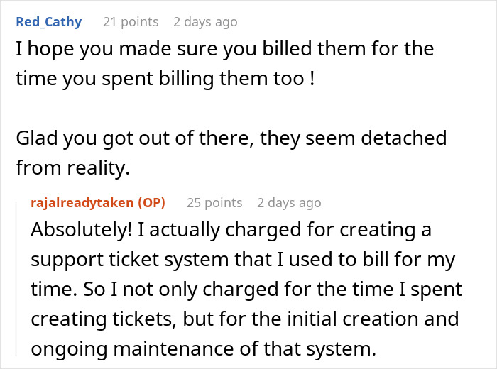Forum exchange showing a non-profit accused of fudging hours and an employee explaining charged billing for support system.