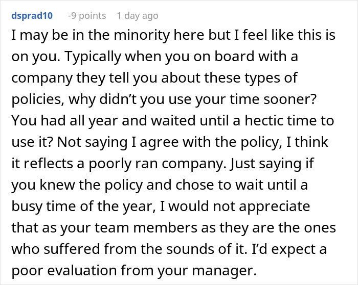 Comment discussing employee using all PTO before deadline and its impact on project and team dynamics.