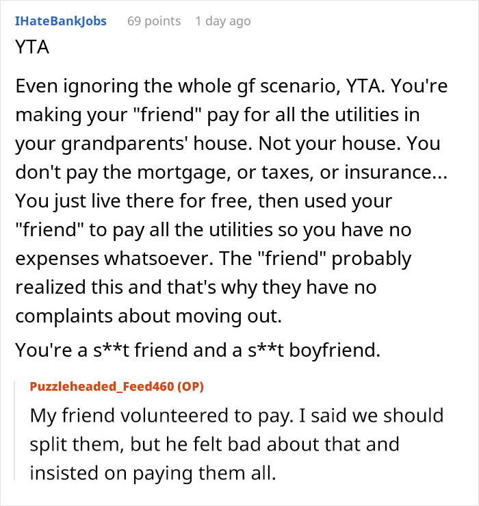 Text exchange discussing a furious boyfriend refusing to let woman move in unless expenses are split 50/50. Text exchange discussing a furious boyfriend refusing to let woman move in unless expenses are split 50/50.