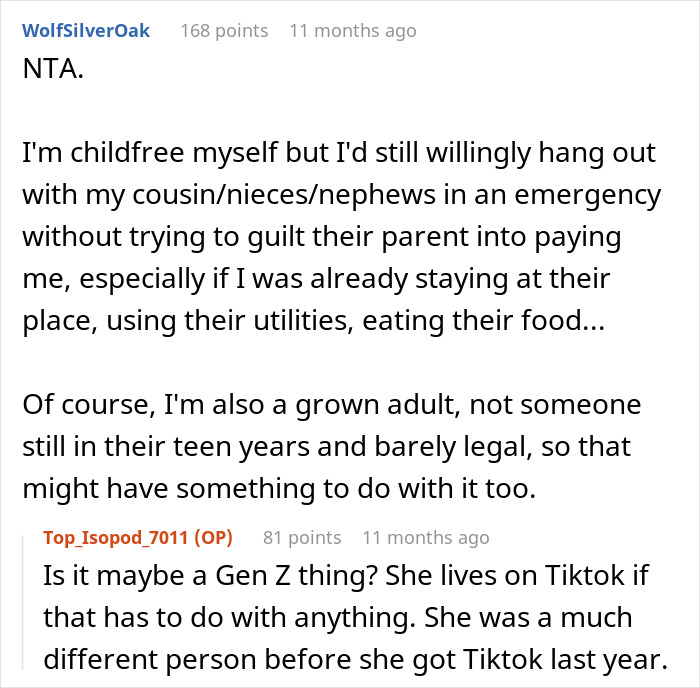 Comment discussing niece asking for $100 to watch 11yo son during man's emergency, highlighting family and payment issues.