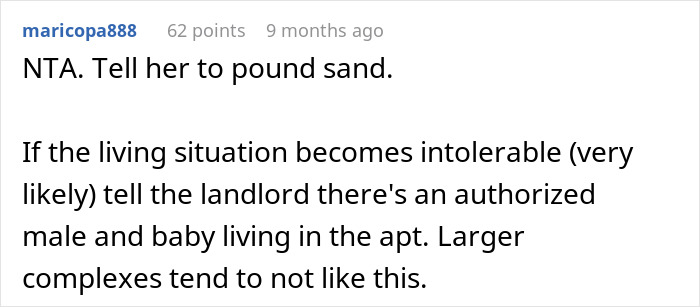 Comment discussing a woman standing her ground after roommate demands she move out for nursery space. Comment discussing a woman standing her ground after roommate demands she move out for nursery space.