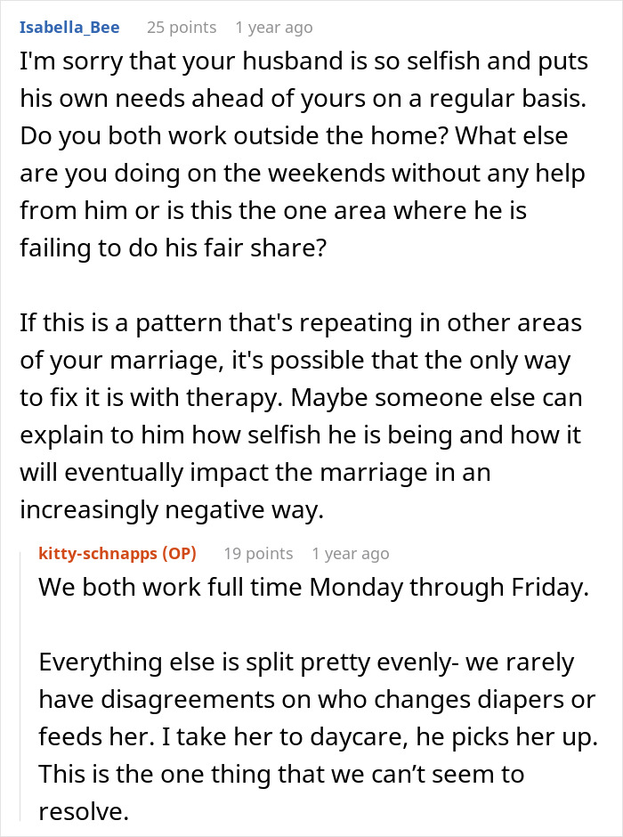 Reddit comments discussing husband enjoying lazy mornings while wife sacrifices sleep in one-sided weekend effort.