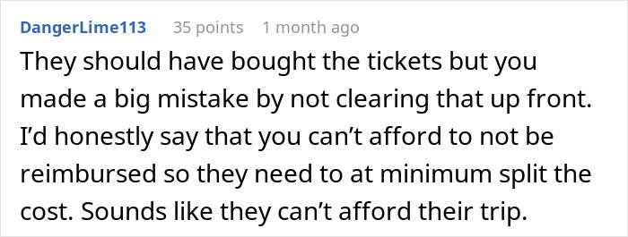 Screenshot of a Reddit comment discussing a couple flying out to babysit nephew with sister refusing to pay for flights. Screenshot of a Reddit comment discussing a couple flying out to babysit nephew with sister refusing to pay for flights.
