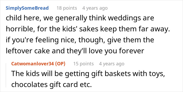 Comments discussing wedding experiences, mentioning kids, and gift baskets replacing children with pets at a wedding.