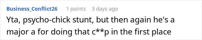 Comment text on a white background discussing a psycho-chick stunt related to a cheating boyfriend situation.