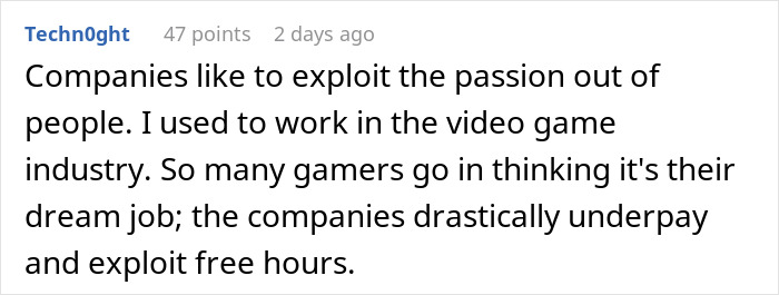 Comment discussing exploitation of employees and unpaid hours, related to non-profit employee hours dispute.