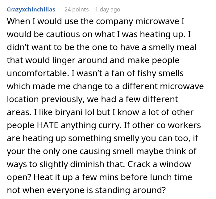 Coworker complains about strong lunch smells at work, suggesting protein bars instead to avoid discomfort among staff.