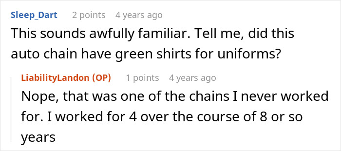User comments discussing experience with auto chains and uniforms, relating to being told to stop being late and stick to schedule.