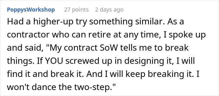 Comment by PoppysWorkshop discussing a contractor challenging leadership as bugs in the game reporting begin by a developer. Comment by PoppysWorkshop discussing a contractor challenging leadership as bugs in the game reporting begin by a developer.
