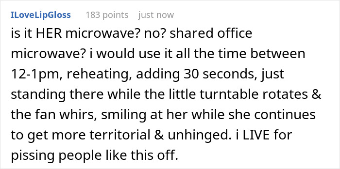 Alt text: Office coworker disputes reserving shared microwave despite dietary needs, causing tension over microwave use.