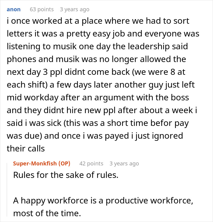 Reddit comments discussing employee compliance with company rules leading to consequences for the boss and workforce issues. Reddit comments discussing employee compliance with company rules leading to consequences for the boss and workforce issues.