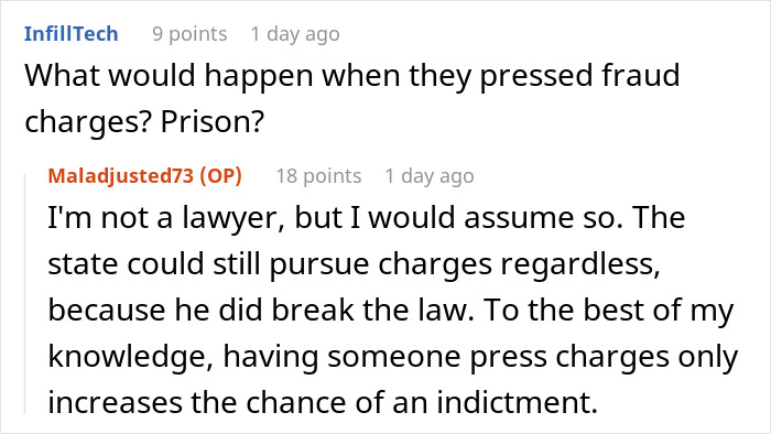 Screenshot of an online discussion about legal consequences and charges related to malicious compliance and landlord disputes.