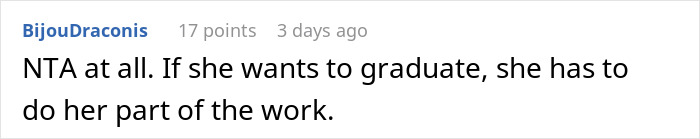 Comment on a forum discussing a woman at risk of not graduating after failing to contribute to a shared thesis project.